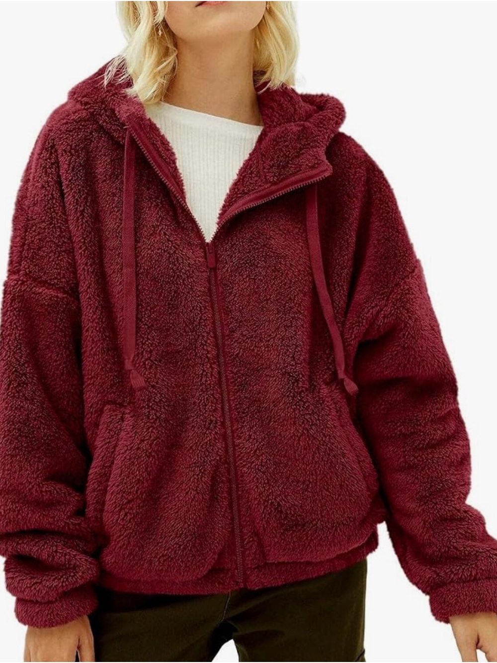 Plush Zip-Up Teddy Jacket in Wine